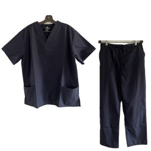 Natural Uniforms Women Scrub Set Navy Blue Top Pants Drawstring Medium